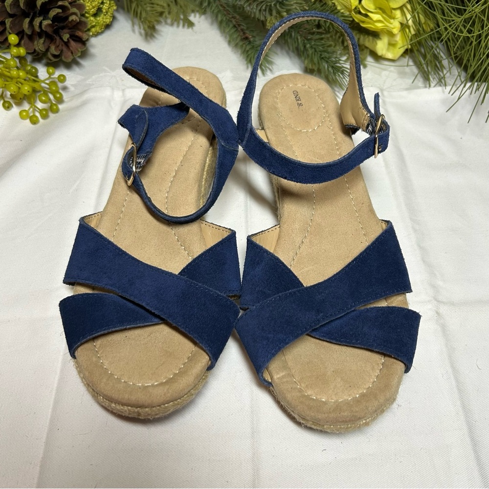 Lands’ End Blue Suede Wedge Sandals woman’s Size 9